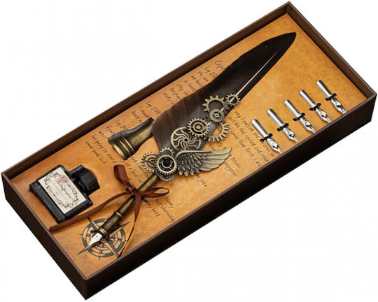 Calligraphy Pen Set with Brown Quill and Blue Ink