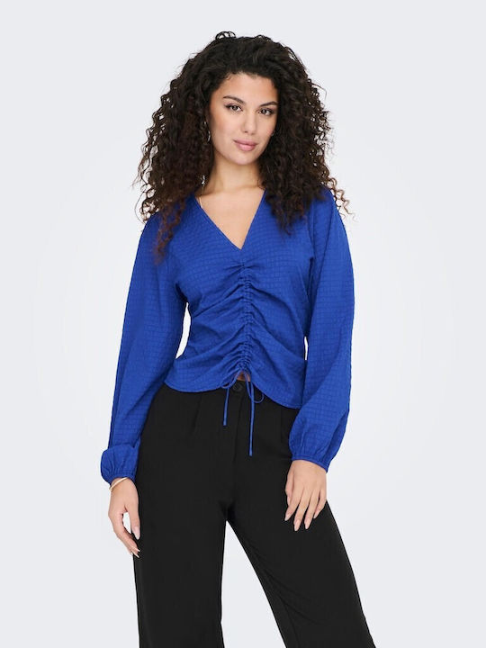 Only Women's Blouse Long Sleeve with V Neck Blue