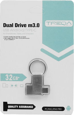 Treqa UP-02 32GB USB 3.0 Stick με σύνδεση USB-A & USB-C Ασημί