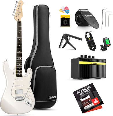 Donner Set Elektrische Gitarre mit Form Stratocaster und SSS Pickup-Anordnung in Weiß Farbe mit Hülle