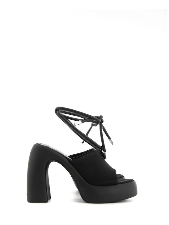 Karl Lagerfeld Platform Leather Women's Sandals with Laces Black with Chunky High Heel