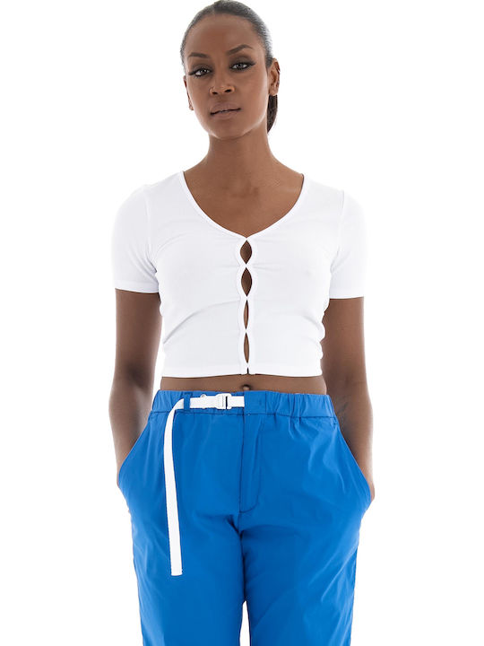 Women's Summer Crop Top Short Sleeve with V Neckline White