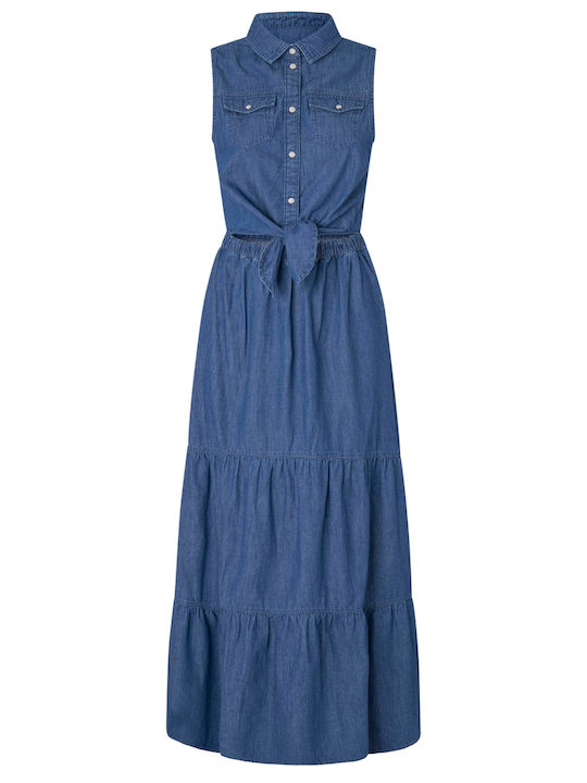 Pepe Jeans Sommer Maxi Kleid mit Rüschen Blau