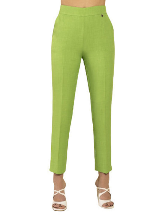 Derpouli Women's High-waisted Fabric Capri Trousers with Elastic in Regular Fit Green