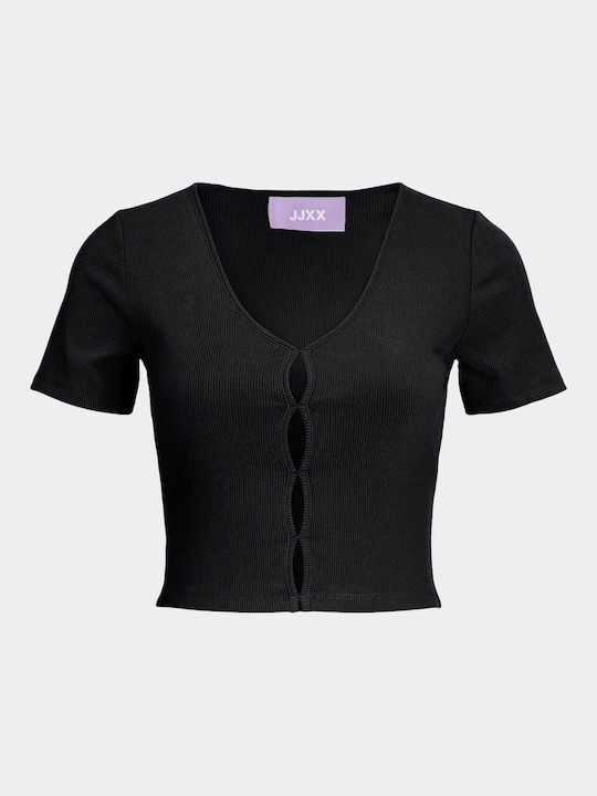Jack & Jones Women's Summer Crop Top Cotton Short Sleeve with V Neck Black