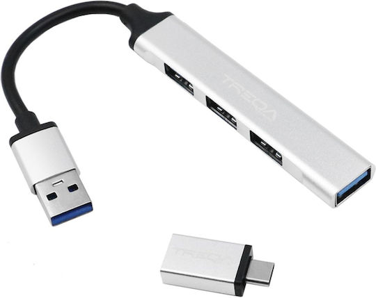 Treqa USB Хъб 4 Порта USB 3.0 с Връзка USB-A Сребрист