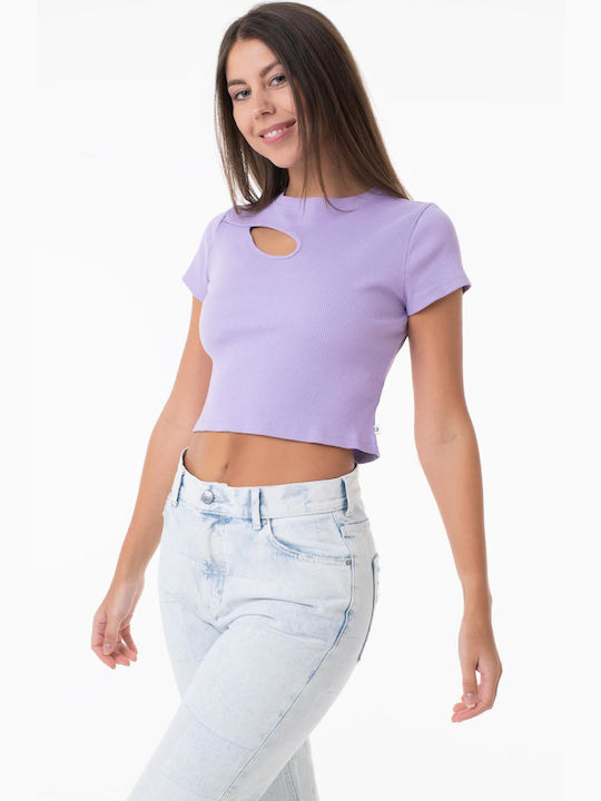 Tom Tailor pentru Femei de Vară Crop Top cu Mâneci Scurte Lilac Vibe