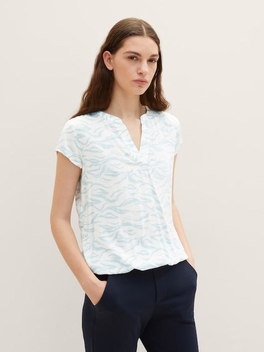 Tom Tailor Damen Sommerliche Bluse Kurzärmelig mit V-Ausschnitt Blue Small Wavy Design
