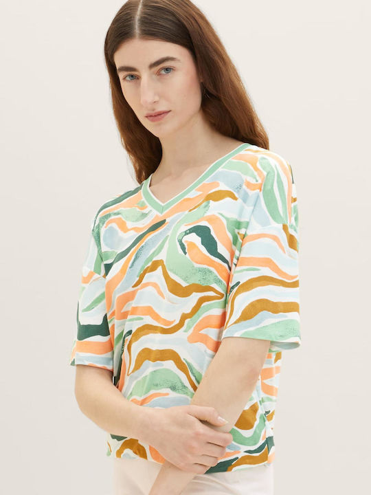 Tom Tailor Damen Sommerliche Bluse Kurzärmelig mit V-Ausschnitt Colorful Wavy Design