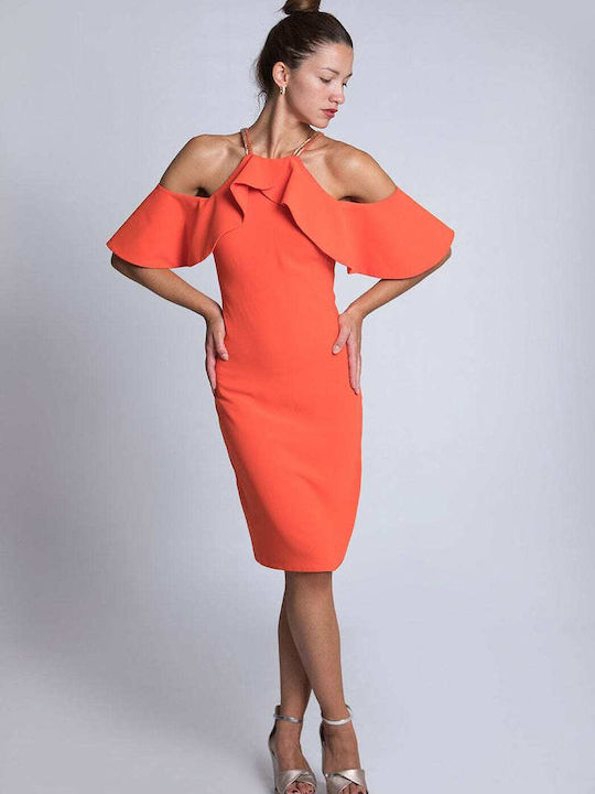 Eden Evening Dress with Volant Sleeves Orange
