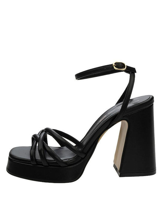 Sante Platform Synthetic Leather Women's Sandals with Ankle Strap Black with Chunky High Heel