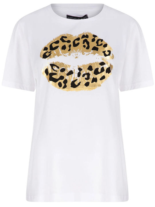 Weekend Vibes Aurelia Gold Foil Leopard Print Lip Motif Cotton T-Shirt 3C16515 - Bright White