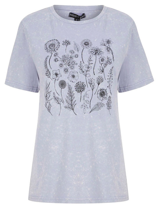 Weekend Vibes Bloom Motif Acid Wash Cotton T-Shirt 3C16117 - Aleutian Blue