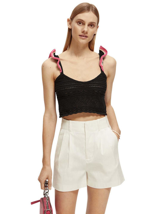 Pointelle Γυναικείο Καλοκαιρινό Crop Top Βαμβακερό Αμάνικο Μαύρο