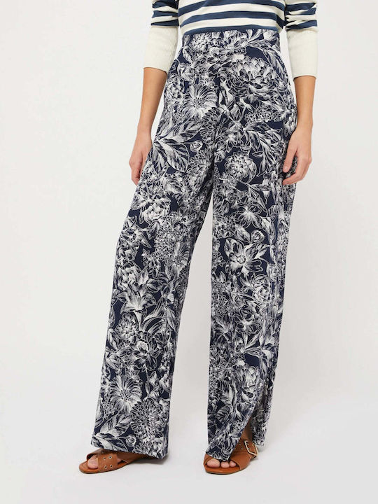 21311523 Women's High-waisted Linen Trousers with Elastic Floral Navy Blue