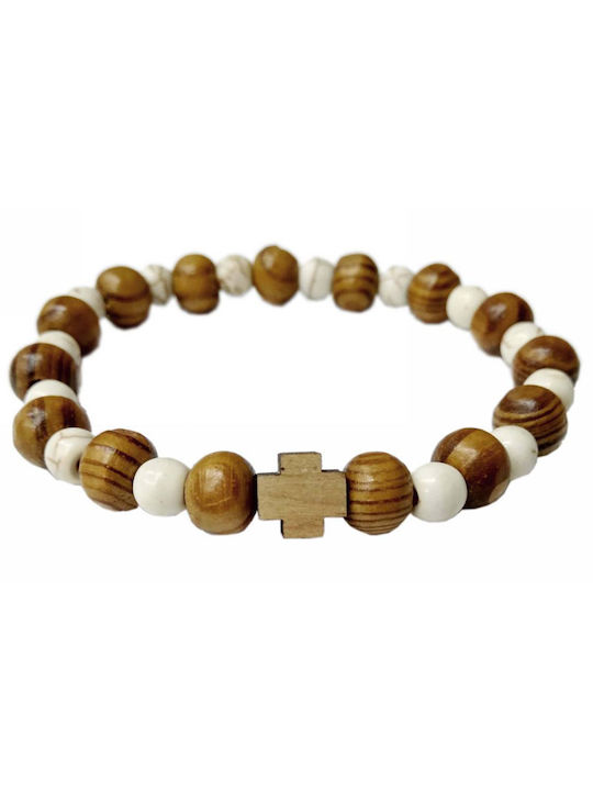 Wooden Bracelet with Cross and White Beads