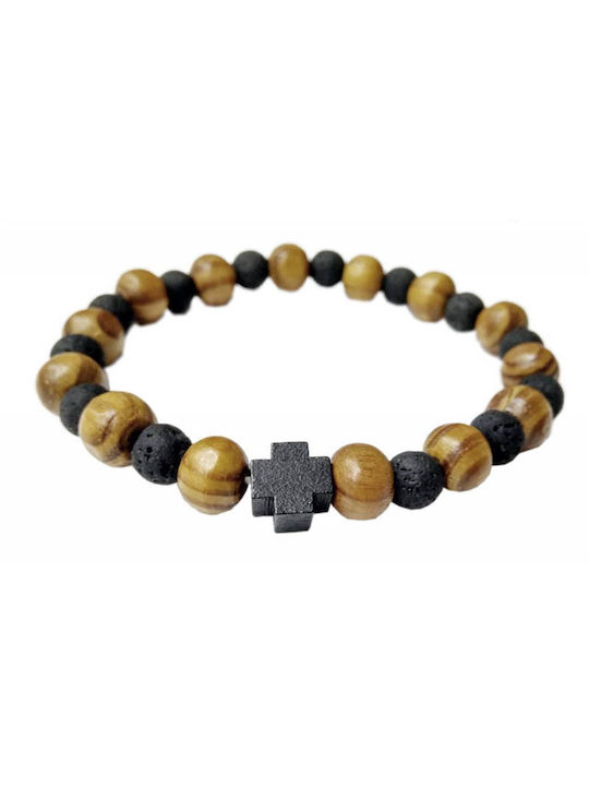 Wooden Bracelet with Cross and Black Lava Beads