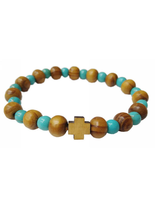 Wooden Bracelet with Cross and Turquoise Beads