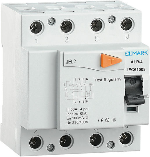 Elmark Ρελέ Ράγας Διαρροής 10A Τετραπολικό 4,5kA 10A/30mA
