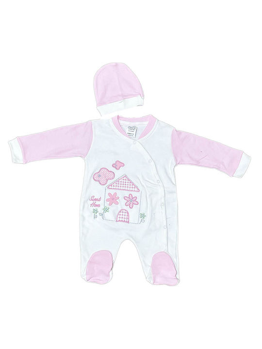 Baby overalls with white-pink houses for girls (6-12 months)