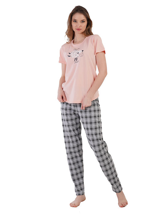 Vienetta Women's Summer Pyjamas "Follow Your Dreams" Short-Sleeved with Long Pants-211567b Light Pink