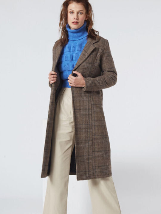 ENTER FASHION MIDI PLAID BROWN COAT