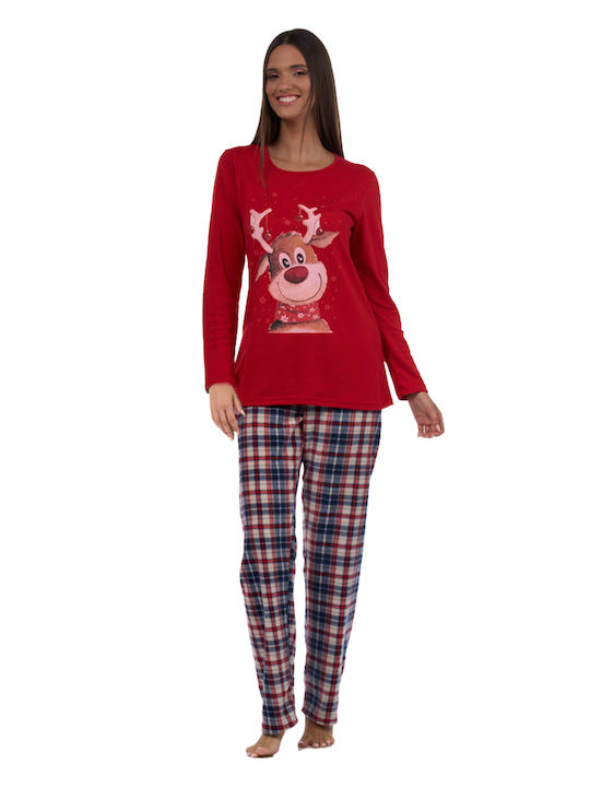 Secret Point Damen Weihnachten Baumwolle Pyjama Rudolph mit Karo-Hose 222-177