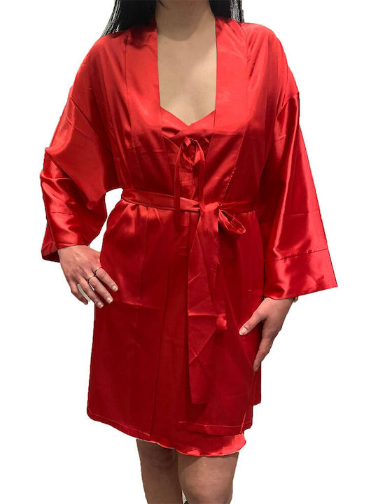 Set halat cu cămașă de noapte din satin Fontana Di Vita în culoare roșie