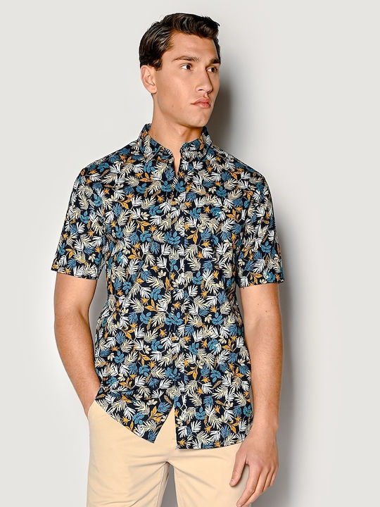 Short-sleeved Cotton Shirt Floral Blue