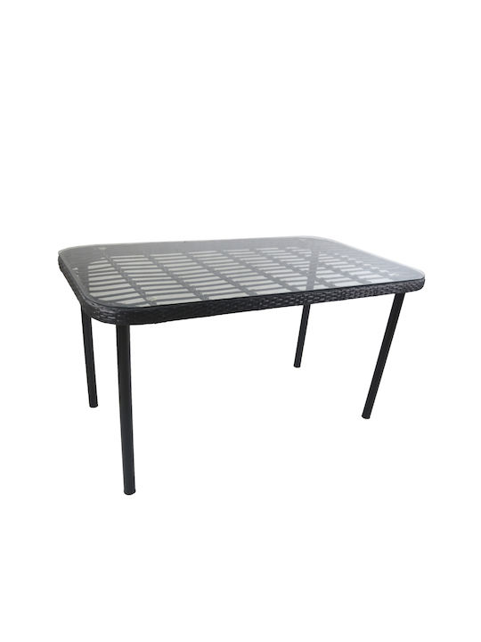 Amplas Outdoor Dinner Table with Glass Surface and Metal Frame Black 140x80x73cm