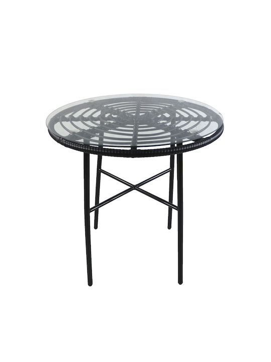 Appius Sitting Room Outdoor Free Standing Table with Glass Surface and Metal Frame Black 70x70x74cm