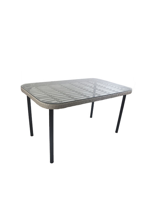 Amplas Outdoor Dinner Table with Glass Surface and Metal Frame Gray 140x80x73cm