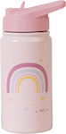 Saro Rainbow Kinder Trinkflasche Thermos Rostfreier Stahl mit Strohhalm Rosa 350ml