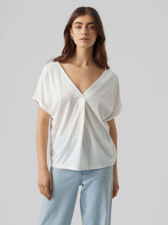 Vero Moda Damen Sommerliche Bluse Kurzärmelig mit V-Ausschnitt Ecru