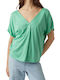 Vero Moda Women's Summer Blouse Short Sleeve with V Neckline Green