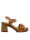 Eva Frutos Leather Women's Sandals Tabac Brown with Chunky Medium Heel