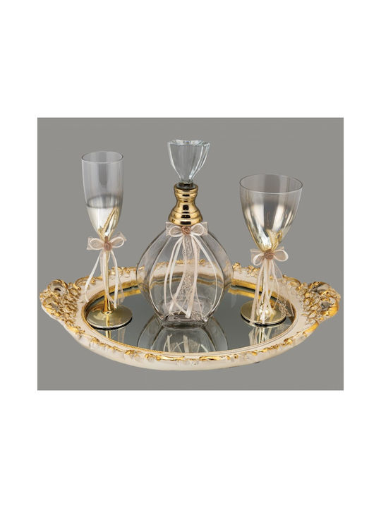 La Vista Σετ Καράφα Γάμου με Ποτήρια Κρασιού & Σαμπάνιας σε Δίσκο Γυάλινο / Ξύλινο με Καθρέπτη σε Χρυσό Χρώμα 4τμχ