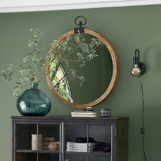 Gousset Wall Mirror with Brown Wooden Frame Diameter 73.7cm 1pcs