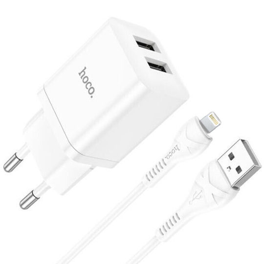Hoco Charger with 2 USB-A Ports and Cable Lightning Whites (N25 ''Maker'')