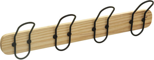 5Five Agățătoare De Perete Din Lemn Cu 4 Compartimente Neagră 50x13.5x7cm