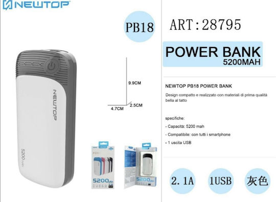 Newtop PB18 Power Bank 5200mAh με Θύρα USB-A Λευκό / Γκρι