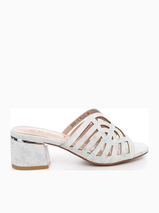 Mules with Chunky Low Heel in White Color
