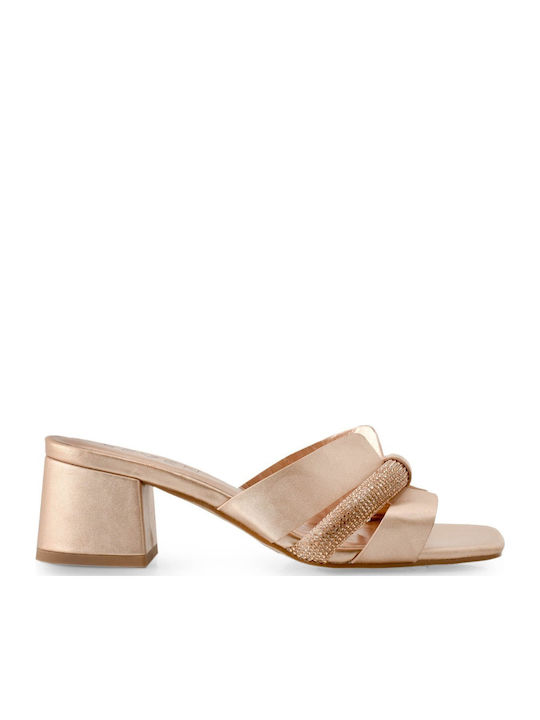Leather Women's Mules with Chunky Low Heel in Rose Gold Color