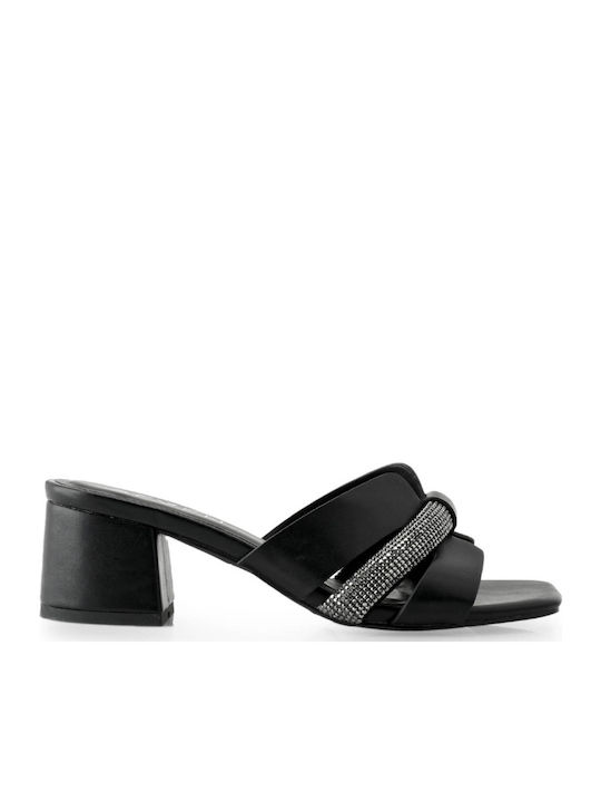 Leather Mules with Chunky Low Heel in Black Color