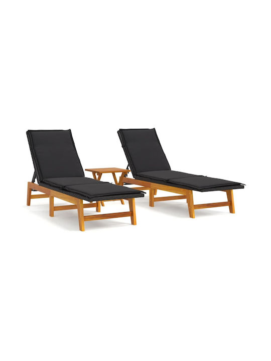 Deckchair Rattan with Cushion Black 3pcs 200x54x87cm.