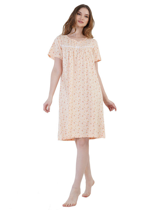 Vienetta Women's Summer Cotton Short-Sleeved Nightgown with Button Placket -161174b Salmon
