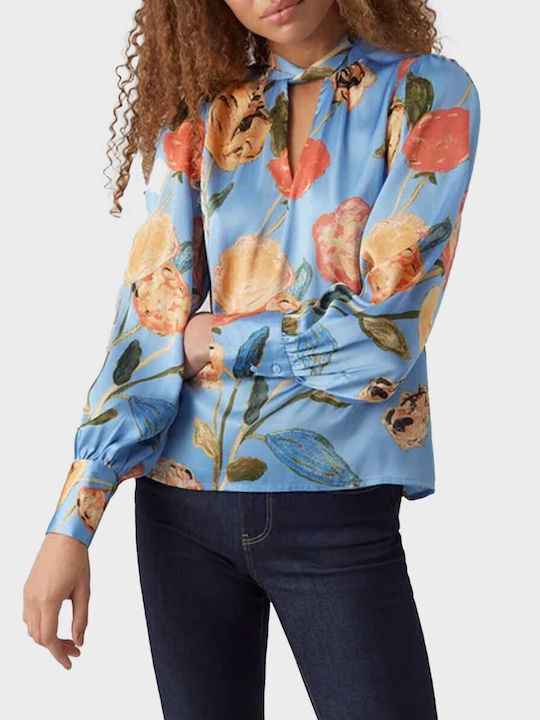 Vero Moda Bluza de Damă de Satin Mânecă lungă Floral Albastru
