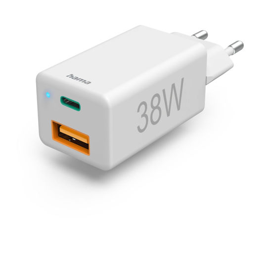 HAMA Kabeloser Handyladegerät mit USB-A und USB-C Ausgangsanschlüsse 38W Stromlieferung / Schnellladetechnologie Weiß (201640)