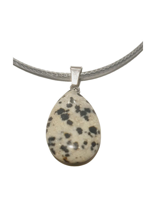 Necklace with Light Grey Leather Cord, Semi-Precious Jasper Dalmatian Stone