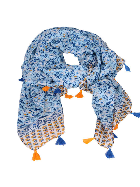 Women's scarf 50% viscose 50% cotton light blue blue and orange blue tassels